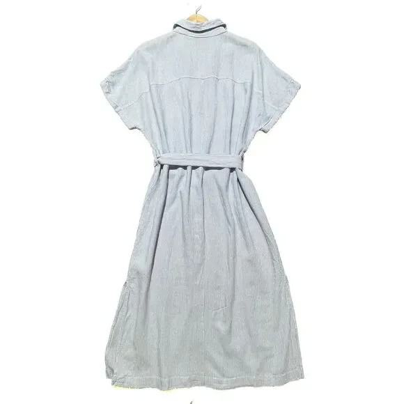 Justfab Striped Linen Blend Shirt Dress Sz XXL Blue White Button-Front Waist Tie - Picture 6 of 9